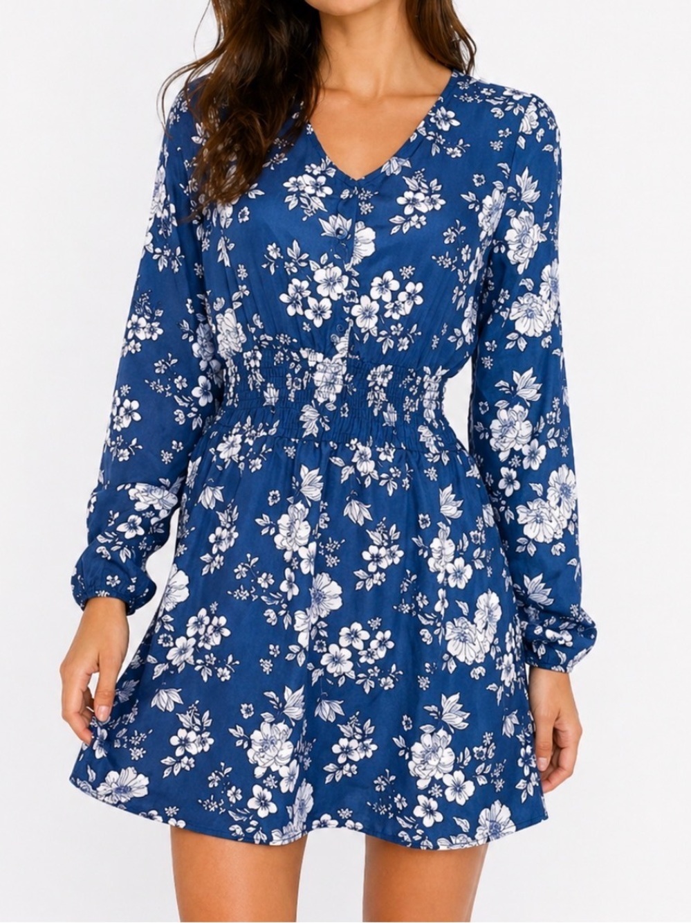 J for Justify steel blue floral print lightweight elastic waist flowy mini dress